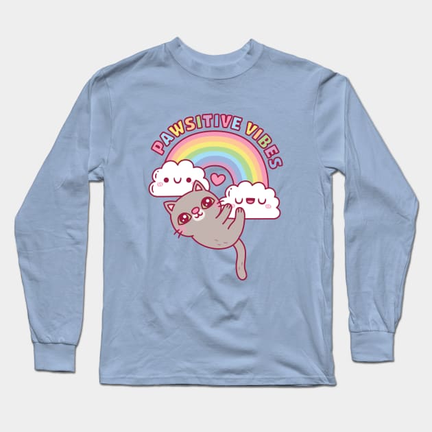 Cute Cat, Rainbow And Clouds, Pawsitive Vibes Long Sleeve T-Shirt by rustydoodle